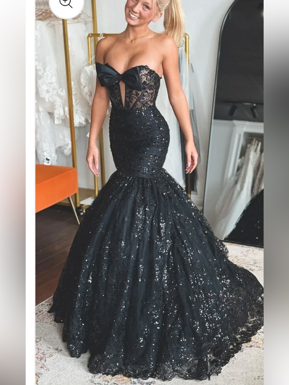 Strapless Black Sequin Mermaid Gown bow black size M
